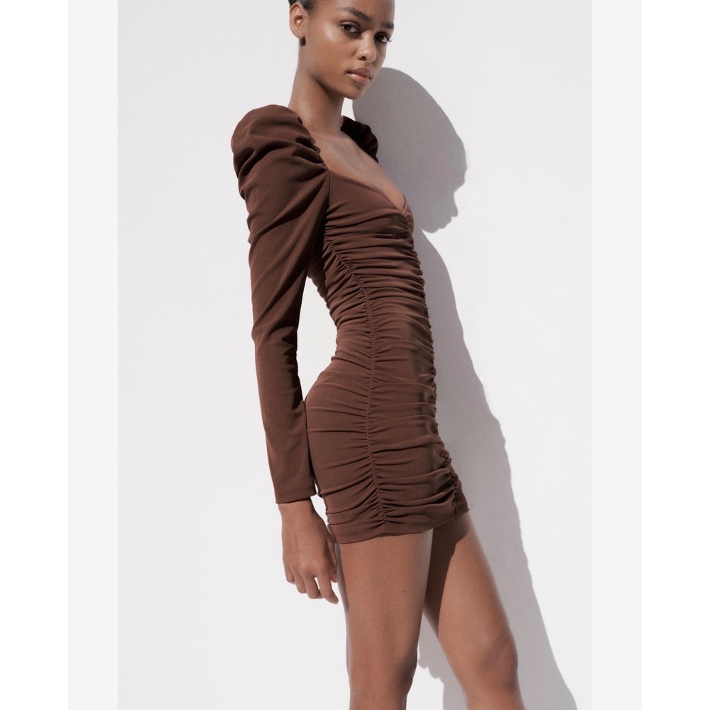 H9 Zara Brown Ruched Mini Dress Sweetheart Neck Puff Sleeve Bodycon Size S NEW‎
